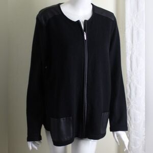 Chaps Sz 2X Black Stretch Faux-Leather Trim Zip Cardigan Sweater
